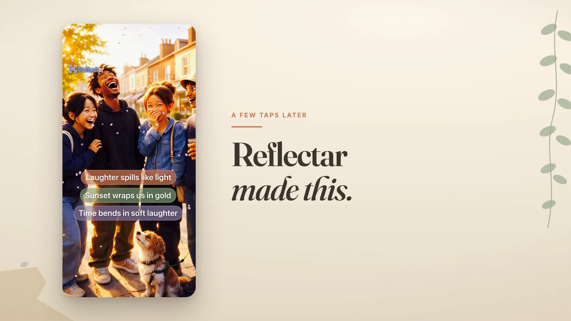 Reflectar made this: a photo of friends laughing in the street, turned into a keepsake with a poem