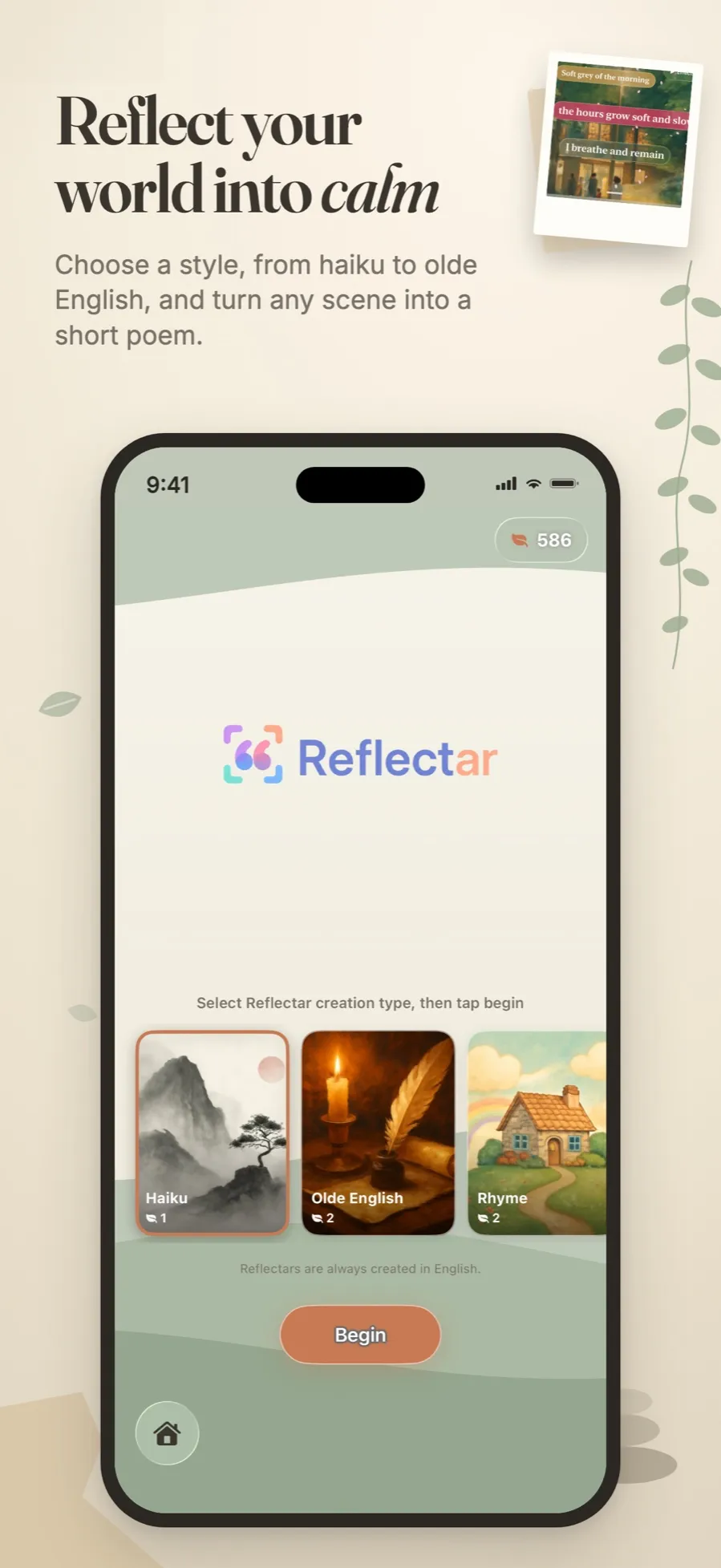 The Reflectar home screen with poem theme choices