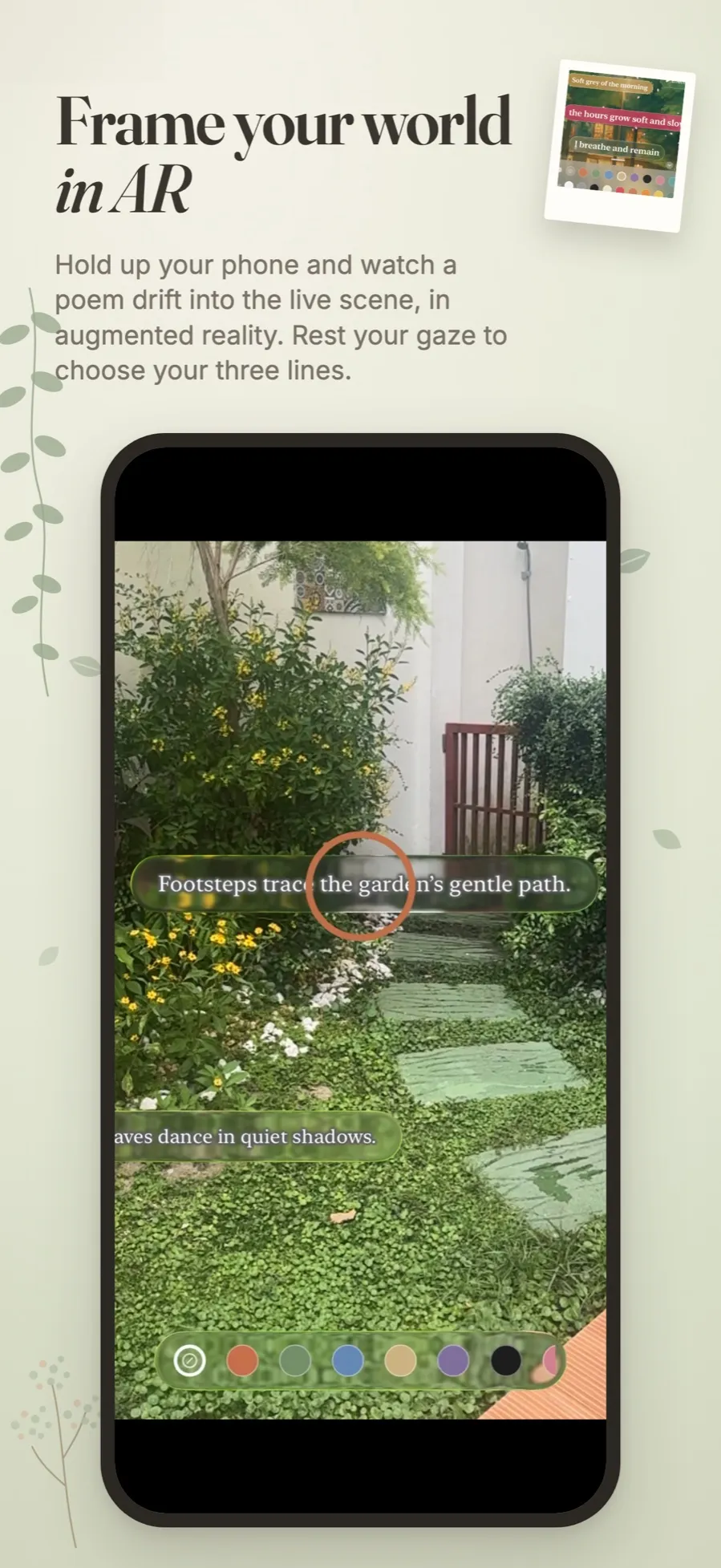 Framing a garden in AR as a poem drifts into the live scene