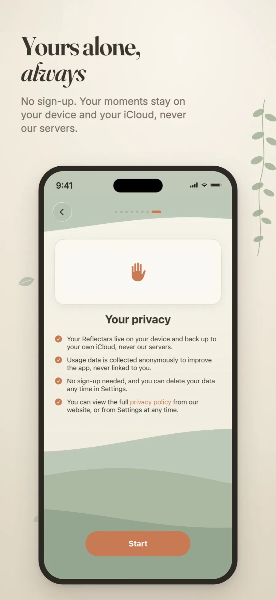 The Reflectar privacy promise screen