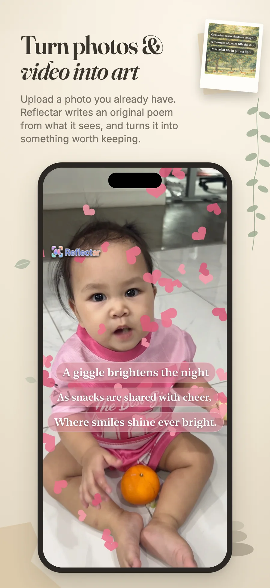 A baby with an orange, turned into a keepsake with a poem and floating hearts