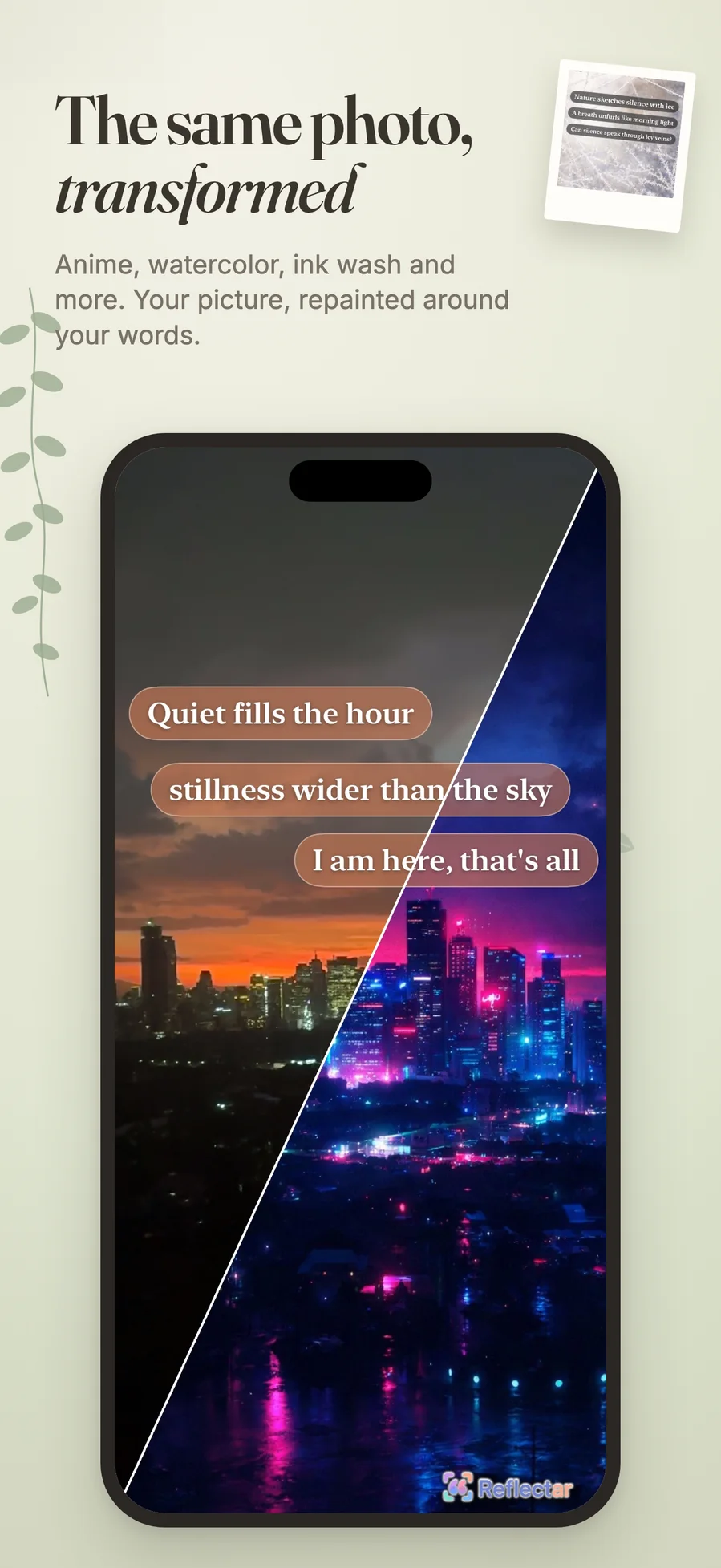 A city skyline photo and its neon repaint side by side