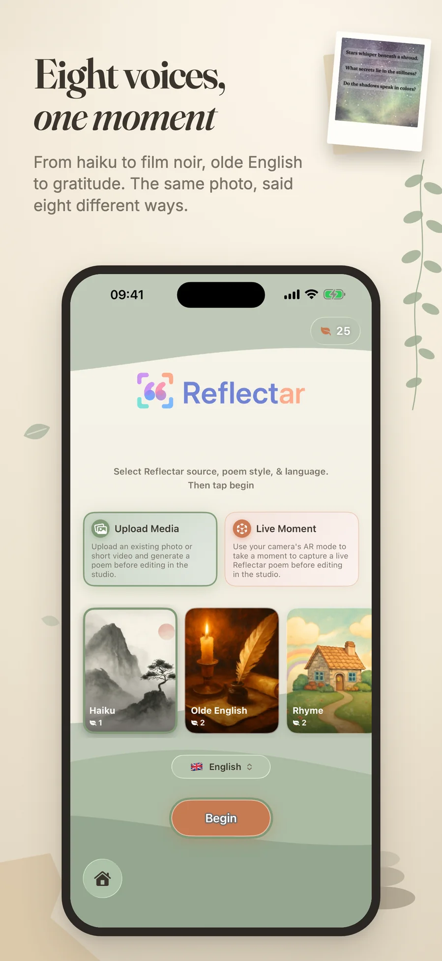 Choosing a poem voice on the Reflectar home screen