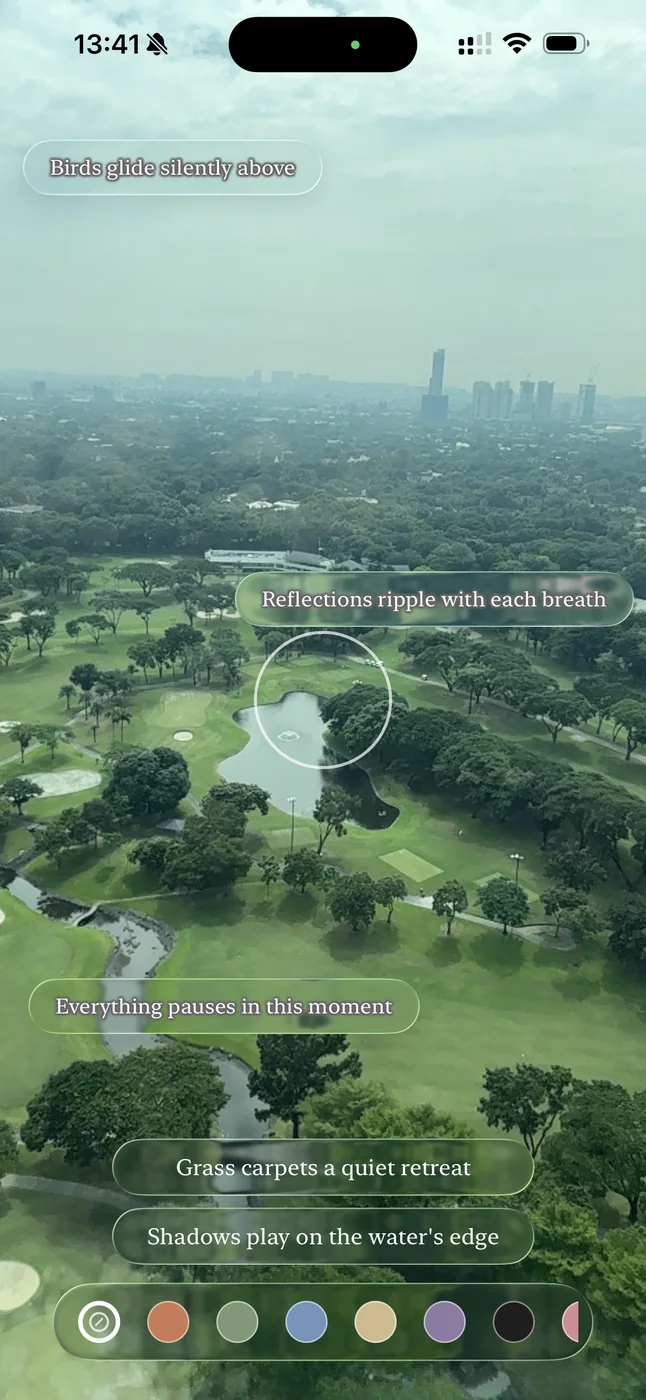Poem lines drifting over a live view of a park in AR mode