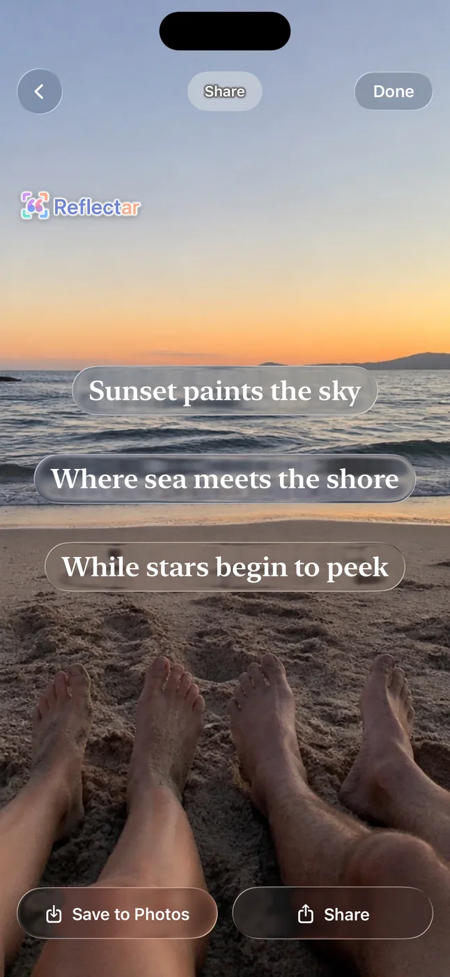 Sharing a finished sunset Reflectar to Photos or other apps